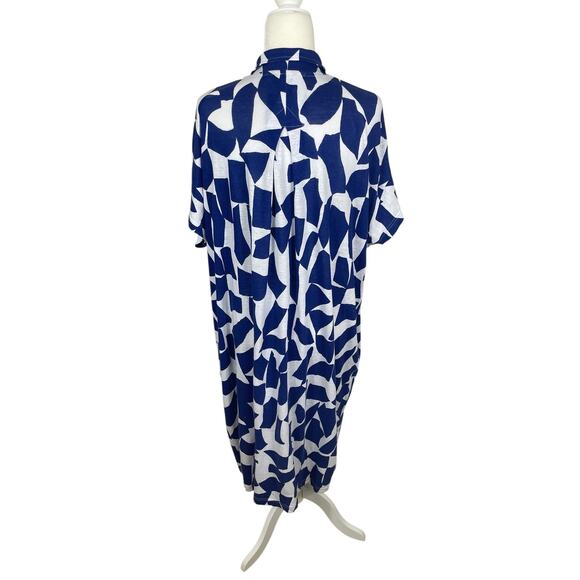 Poetry Linen Cotton Geometric Shift Dress Art To Wear Lagenlook Blue White US 16 - Picture 8 of 15
